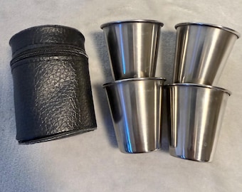 Vntg Stainless Steel Travel 4 Shot Glass Set Black Zipper Case Camping Barware