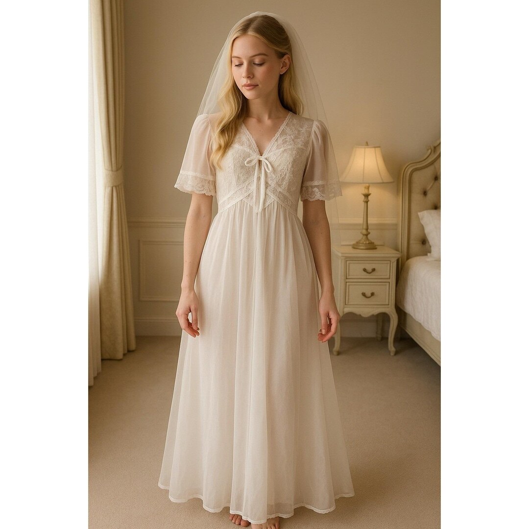 Retro White Robe Vintage Val Mode Petite White Sheer Nylon Lace Peignoir Robe Nightgown ...