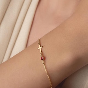Dainty Gold Cross Bracelet with Birthstone, Cross Bracelet, Tiny Cross Bracelet, Confirmation Gift, Baptism Gift, Christmas Gift for Her