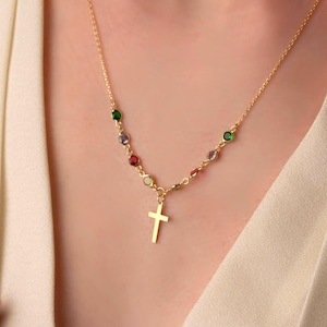 14k gold Birthstones Cross Necklace, Birthstones Christmas Gift for Her, Family Cross Necklace, Confirmation Gift, Baptism Gift,Cyber monday
