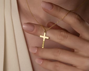 14K Gold Mama Cross Necklace: Personalized Name Pendant, Religious Gift
