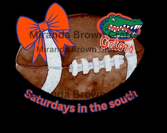 May include: A brown football with white stripes and the text "Gators" and "Saturdays in the south". An orange bow and a green alligator logo are also featured. The text "Miranda Brown" is also present.