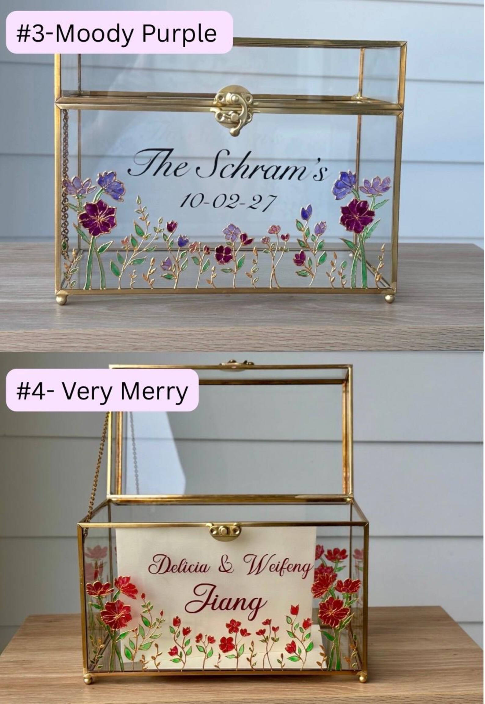 Personalized Wedding Card Box, Hand Painted Floral Stained Glass, Gold ...