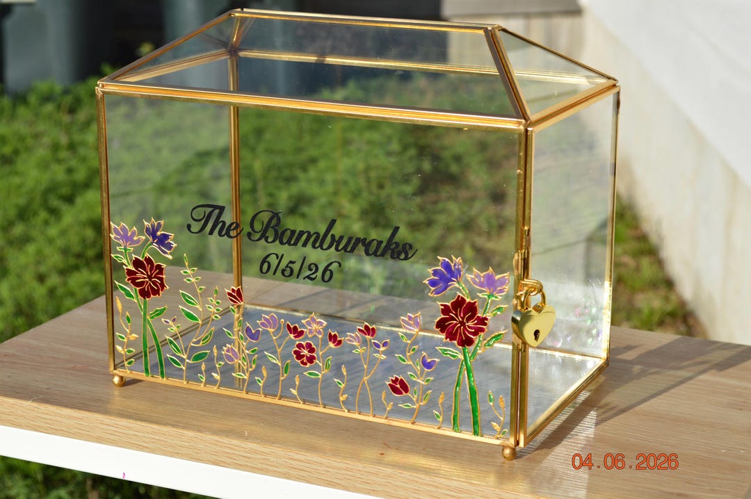 Personalized Wedding Card Box With Lock, Hand Painted Floral Stained ...