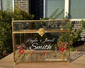 Personalized Wedding Card Box, Hand Painted Floral Stained Glass