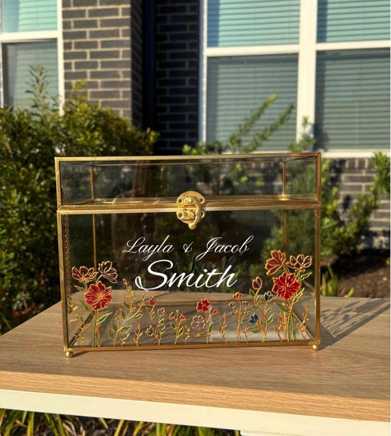 Personalized Wedding Card Box, Hand Painted Floral Stained Glass