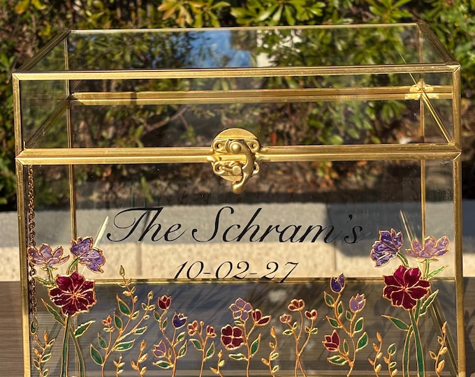 Personalized Wedding Card Box, Hand Painted Floral Stained Glass, Gold ...