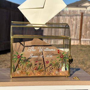 Hand Painted Wedding Card Box, Beach Floral Stained Glass, Gold Keepsake