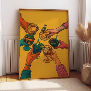Plakat Cheers With Friends | Dekoracja wózka barowego | Plakat z szampanem | Elegancka sztuka | Dekoracja jadalni w stylu retro | Dekoracja w stylu Mid Century Modern | MA99