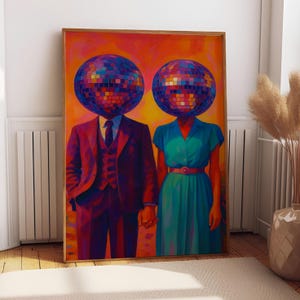 Arte mural de discoteca funky de los años 70 / Retrato de amor con cabeza de discoteca / Arte mural negro / Impresión de bola de discoteca / Póster psicodélico / Decoración de pared retro / MA104