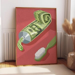 Toothbrush Wall Art | Retro Bathroom Poster | With Dollar Bills Canvas Art Print | Brush Your Teeth Poster | Pink and Green Art for Bathroom