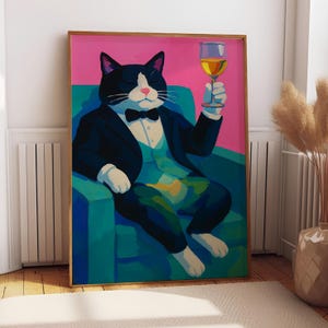 Tuxedo Cat Poster | Dopamine Decor | Bar Cart Decor | Champagne Drinking Cat Decor | Kitsch Aesthetic Preppy Canvas | Champagne Art | MA96