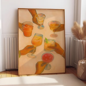 Nadruk Cheers | Nadruki na wózki barowe | Modna sztuka ścienna | Sztuka ścienna w stylu retro do kuchni | Nadruk z drinkiem | Sztuka ścienna z koktajlem | Płótno Preppy | MA101