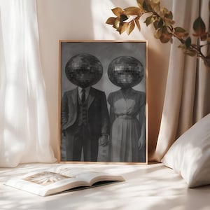 Arte mural en blanco y negro de discoteca funky de los años 70 / Retrato de amor con cabeza de discoteca / Arte mural negro / Impresión de bola de discoteca / Póster psicodélico / MA109
