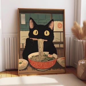 Black Cat Eating Noodles | Japanese Wall Decor | Neutral Minimalist Poster | Aesthetic Wall Art | Unique Cat Lover Gift | Anime Cat Poster
