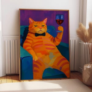 Orange Cat Drinking Champagne Poster | Maximalist Wall Art | Dopamine Decor | Bar Cart Decor | Cat Decor | Preppy Champagne Wall Art | MA95