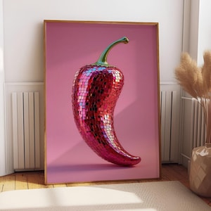 Disco Ball Chili Print | Kitchen Wall Art | Chili Pepper Poster | Trend Retro Food Illustration Red Pink Aesthetic Art | Disco Style | MA67