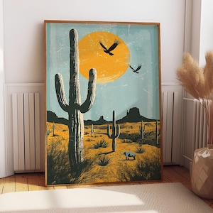 Desert Cactus Wall Art Print | Blue Apartment Printable | Southwestern Painting | Girly Western Aesthetic | Trendy Boho Room Decor Canvas