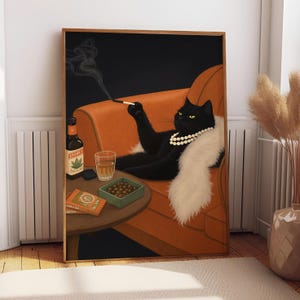 ウイスキーを飲む黒猫のファンシープリント | 黒猫アート | キッチンバーポスター | ウイスキー愛好家へのギフト | 黒猫愛好家へのギフト | カクテルポスター