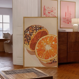 Orange Wall Decor | Orange Fruit Poster | Farmhouse Kitchen Art | Kitchen Prints | Trendy Food Art | Retro Kitchen Art | Disco Fruit Canvas