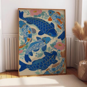 Koi Fish Print | Blue and White Chinese Style Beach Art | Floral Colorful Maximalist Bathroom Decor | Kitchen and Dining Room Decor | MA116