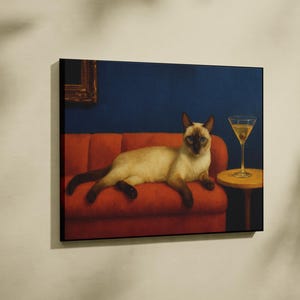 Siamese kat met martini-kunstprint | Leuk eigenzinnig raar | Cocktail Art Decor Barwagen | Cadeau kunstafdruk | Trendy muurkunst voor in huis | MA106