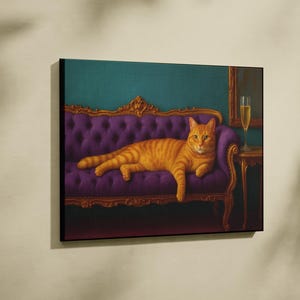 Gele kat met champagne-kunstprint | Leuk eigenzinnig raar | Cocktail Art Decor Barwagen | Cadeau kunstafdruk | Trendy muurkunst voor in huis | MA105