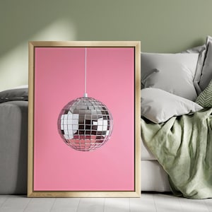 Wydruk na płótnie z motywem kuli dyskotekowej | Oprawiona sztuka ścienna | Plakat z kulą dyskotekową | Sztuka ścienna w stylu preppy | Trendy | Wystrój biura | Modna kula dyskotekowa | Prezenty
