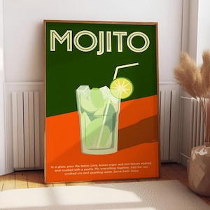 Decoratie barwagen | Cocktailglas retro afdrukbaar | Mojitoposter muurdecoratie | Klassieke cocktailprint | Muurafdrukken keuken | Esthetisch decor