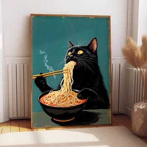 Vintage Japanese Cat Printable Wall Art | Black Cat Eating Noodles | Japanese Wall Decor | Neutral Minimalist Poster | Unique Cat Lover Gift