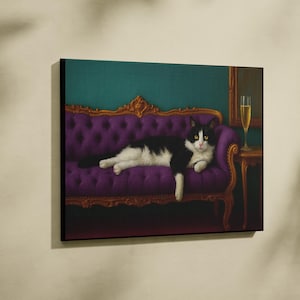 Smokingkat met champagnekleurige kunstprint | Leuk eigenzinnig raar | Cocktail Art Decor Barwagen | Cadeau kunstafdruk | Trendy muurkunst voor in huis | MA107