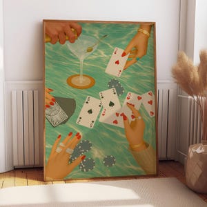 Décoration murale festive pour cocktail | Impression d'art de casino | Illustration de boisson élégante | Art de rassemblement social | Poster Cartes à jouer vintage