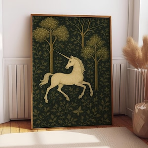 Vintage Tree Unicorn William Morris Inspired Botanical Art Poster or Canvas Print, Unicorn Print Dark Academia Dark Cottagecore Decor