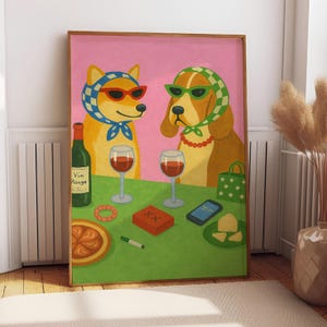 Honden met een picknick-afdruk | Pop-art hondposter | Dopamine Maximalist Decor | Preppy slaapzaaldecoratie | Wandkunst barwagen | Eclectische slaapkamer