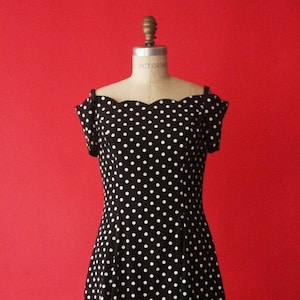 Vintage 80&#39;/90&#39;s Black and White Polka Dot Short Sleeve Off The Shoulder Dress by Ashlee of California, size 8