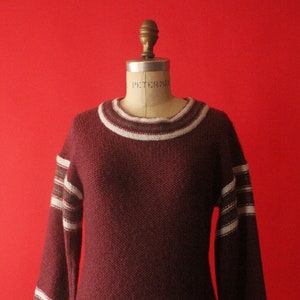 Vintage 70&#39;s Boho Burgundy, Grey and White Striped Knit Long Bell Sleeve Pullover Sweater by Sirocco, size M
