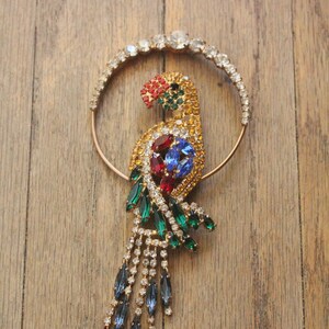 Vintage 80's Rhinestone, Citrine, Ruby, Emerald, and Sapphire Crystal Dangle Parrot Brooch
