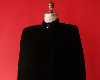 Vintage 30's Black Silk Velvet Opera Coat Evening Coat with Large Black Carved Bakelite Button