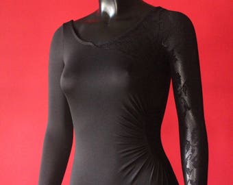 Vintage 90's Black Lace Long Sleeve Stretch Bodysuit Leotard by Natalie Dance Wear, size M
