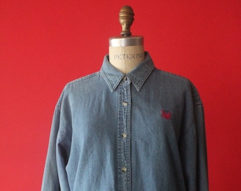 Vintage 80's Blue Jean Long Sleeve Button Up Collared Blouse by Tri-Mountain, size M