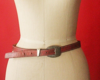 Vintage 80&#39;s Red and Black Leather Distressed Western Belt with Silver Embossed Buckle