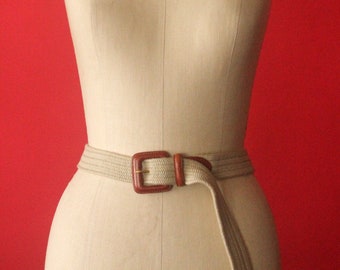 Vintage 90&#39;s Men&#39;s Tan Elastic Woven Twill and Caramel Brown Leather Buckle Belt by Talbots, size M