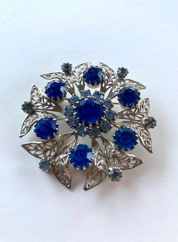 Vintage 50s Blue and Baby Blue Rhinestone Silver F