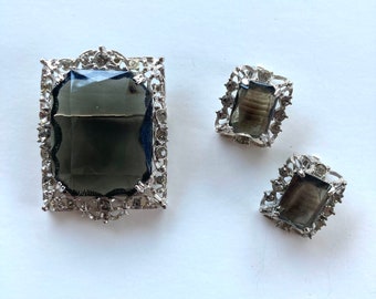 Vintage 50’s Sarah Coventry Smokey Topaz Filigree Brooch and Earrings Set