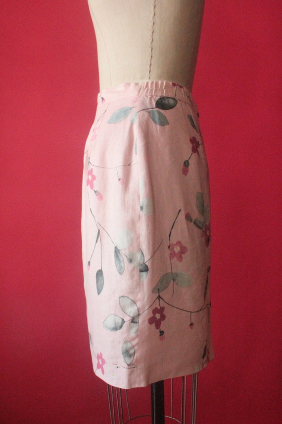 Vintage 90's Pale Pink Floral Linen Skirt by Spen… - image 9