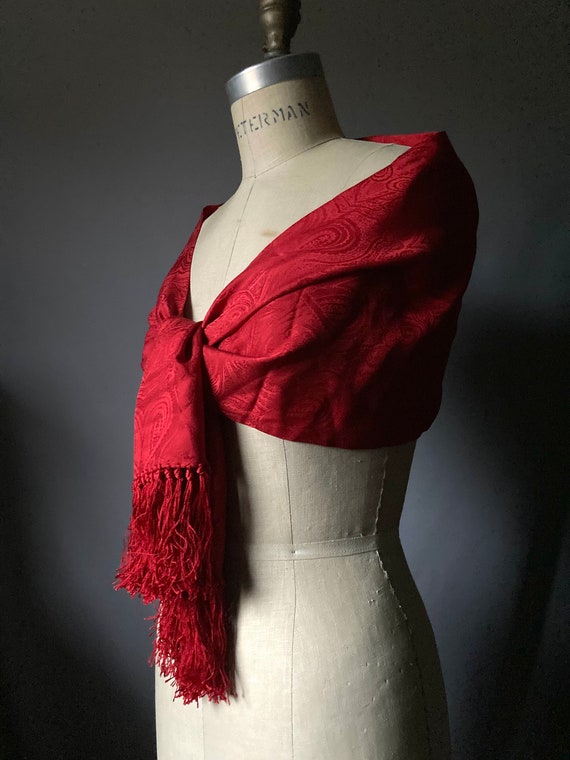 Vintage Red Paisley Silk Fringe Oblong Shawl Scarf - image 5