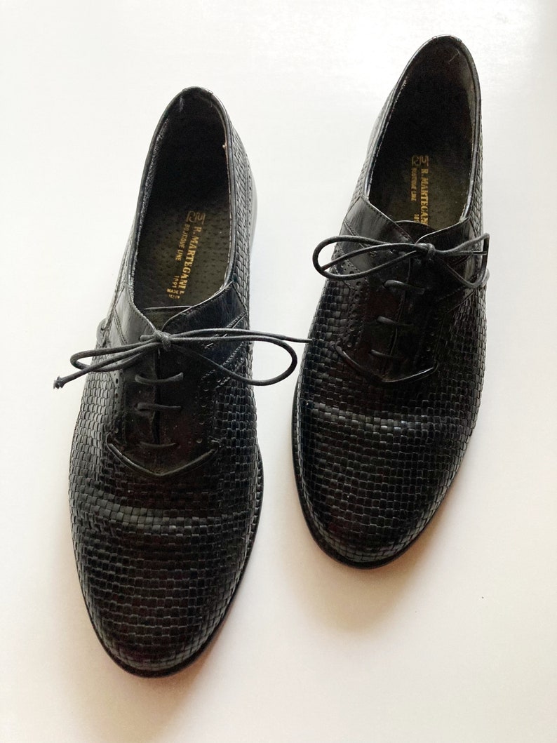 Vintage 70-/80-tals R Martegani Boutique Line svarta vävda läder Oxfords med snörning, loafers storlek 10, tillverkade i Italien bild 2