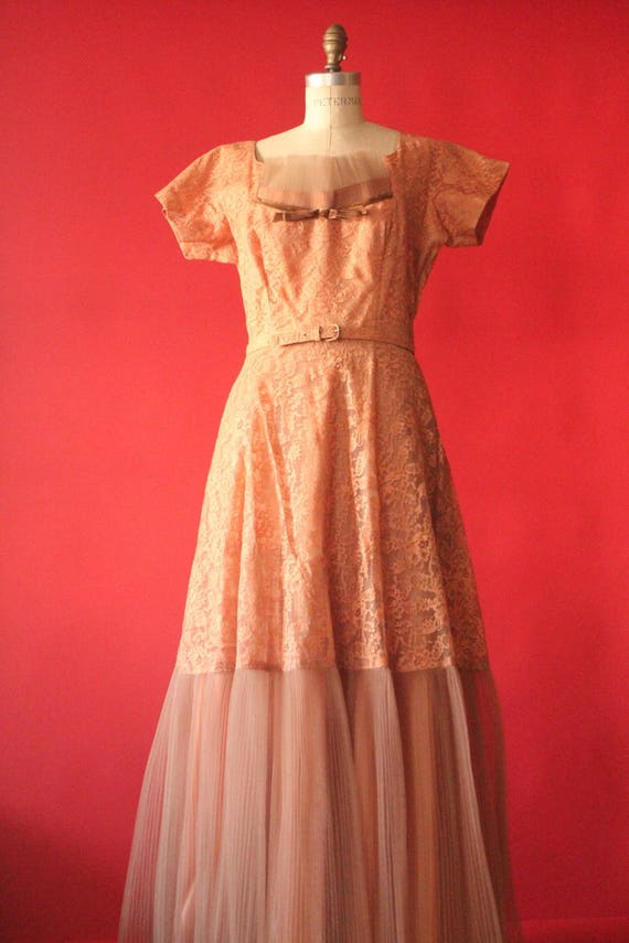 Vintage 40's Peach Lace and Pleated Chiffon Gown … - image 1