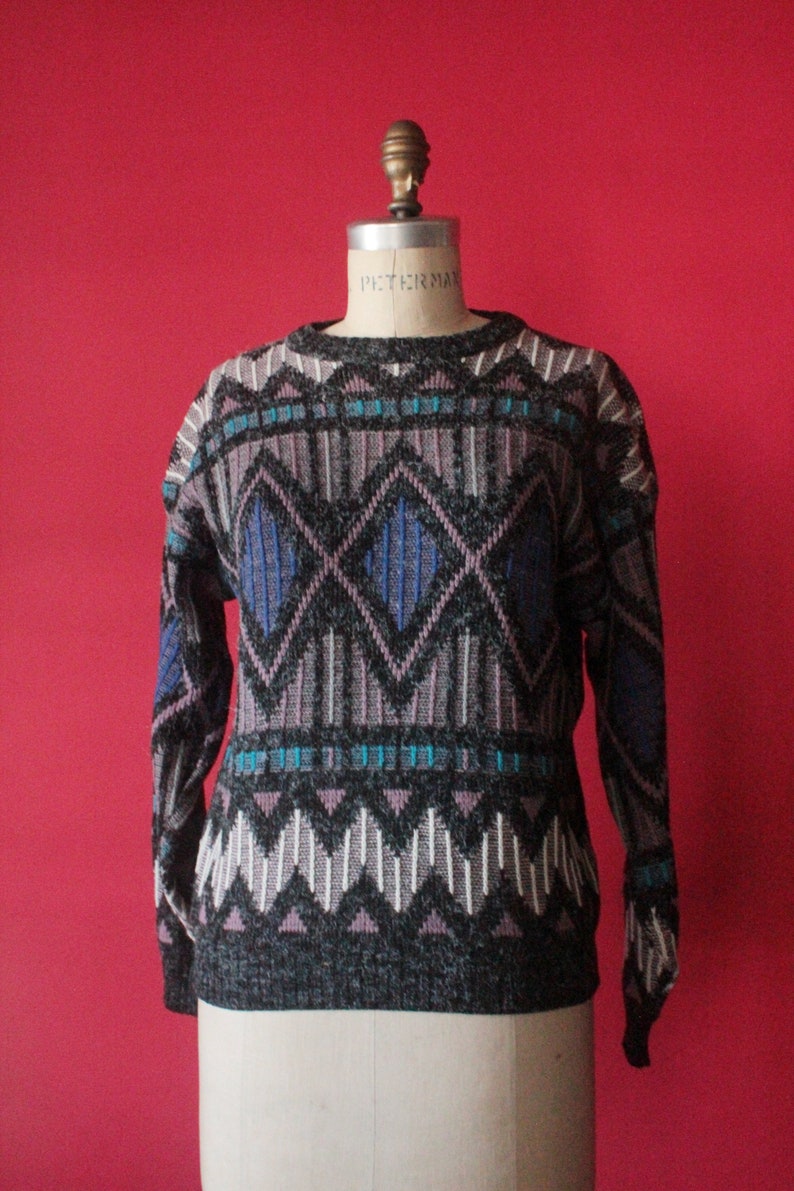 Vintage 80's Grey, Lavender, Blue, Purple, White Abstract Pattern Knit Long Sleeve Pullover Sweater by Santana Size S image 1