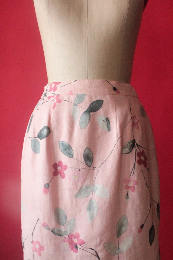 Vintage 90's Pale Pink Floral Linen Skirt by Spen… - image 2